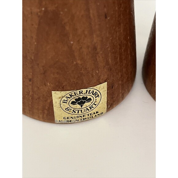 Vintage Teak Wood 4” Salt & Pepper Shakers Baker, Hart, & Stuart Stickers - Picture 3 of 8
